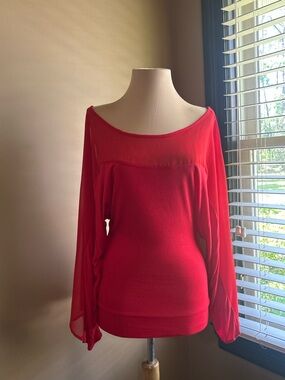 bebe Red Long Sleeve Off-Shoulder Blouse 2000s Y2K Half Sheer Top